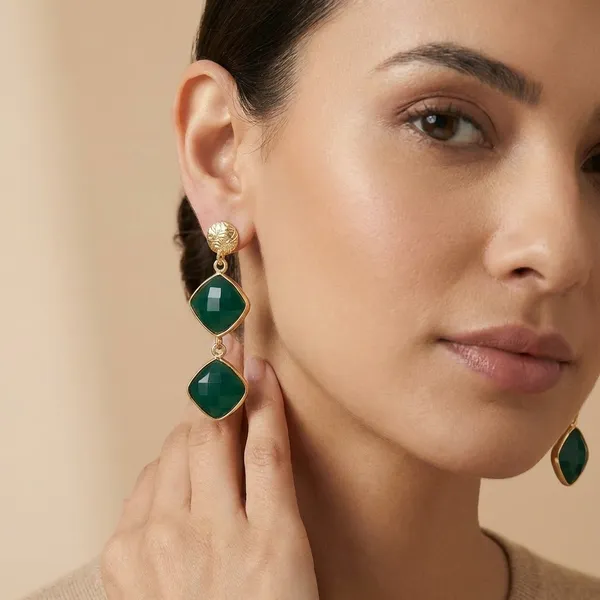 925_Silver_Jewellery_Green_Faceted_Stone_Gold_Tone_Dangle_Earrings_For_Women