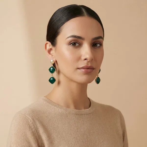 925_Silver_Jewellery_Green_Faceted_Stone_Gold_Tone_Dangle_Earrings_For_Women