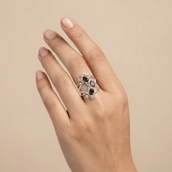 925_Silver_Jewellery_Brown_Smoky_Quartz_Silver_Tone_Triple_Stone_Statement_Ring_For_Women
