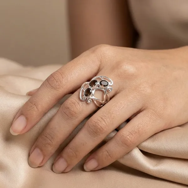 925_Silver_Jewellery_Brown_Smoky_Quartz_Silver_Tone_Triple_Stone_Statement_Ring_For_Women