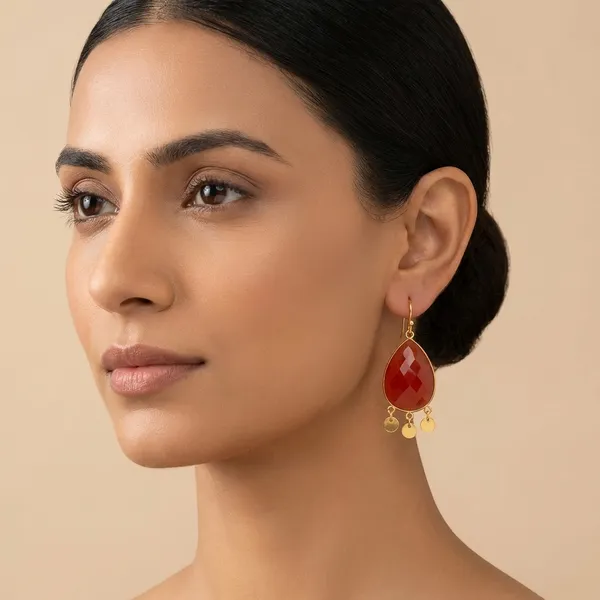 925_Silver_Jewellery_Orange_Carnelian_Gold_Tone_Teardrop_Disc_Drop_Earrings_For_Women