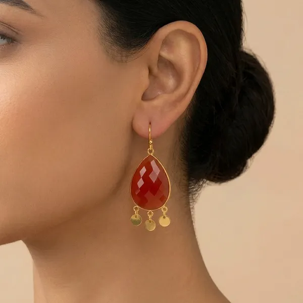 925_Silver_Jewellery_Orange_Carnelian_Gold_Tone_Teardrop_Disc_Drop_Earrings_For_Women
