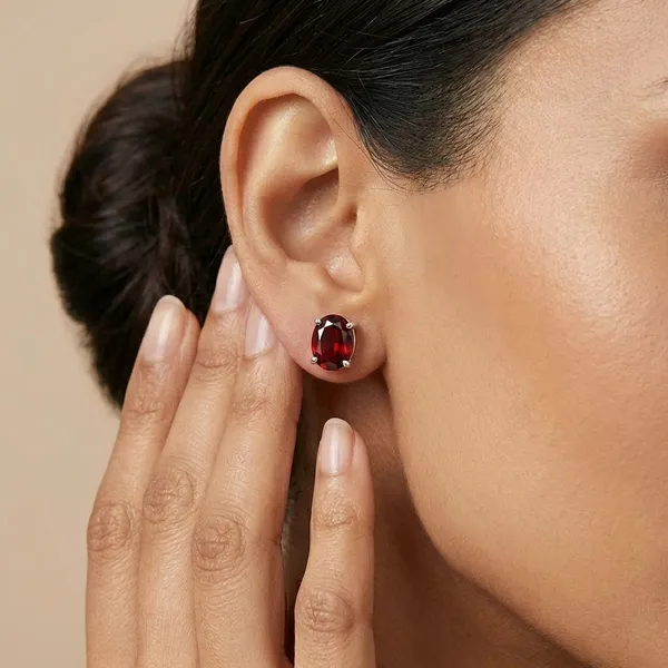 925_Silver_Jewellery_Red_Garnet_Oval_Stud_Earrings_For_Women