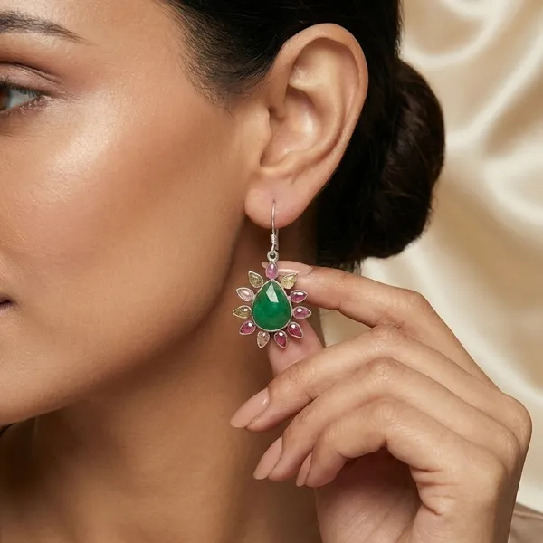 925_Silver_Jewellery_Green_Emerald_Tourmaline_Floral_Stone_Drop_Earrings_For_Women