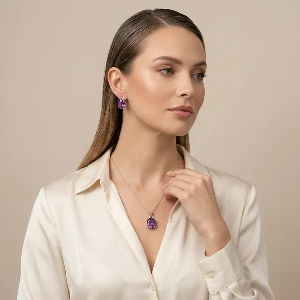 925_Silver_Jewellery_Purple_Amethyst_Sterling_Silver_Pendant_And_Earring_Set_For_Women_(_Chain_not_Included_)