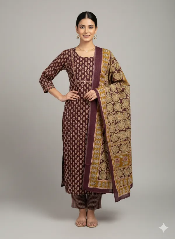 Maroon_Cotton_Block_Print_Kurta_Set_With_Palazzo_And_Dupatta_For_Women