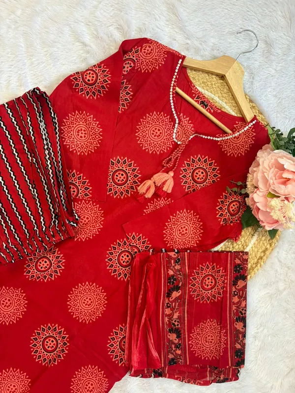 Red_Cotton_Printed_Kurta_Set_With_Palazzo_And_Dupatta_For_Women