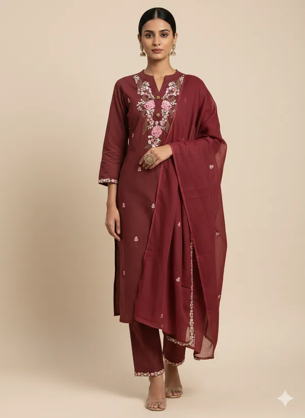 Maroon_Cotton_Embroide_Kurta_Set_With_Dupatta_For_Women