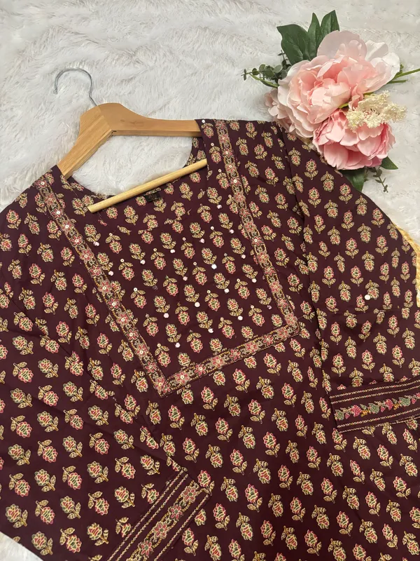 Maroon_Cotton_Block_Print_Kurta_Set_With_Palazzo_And_Dupatta_For_Women