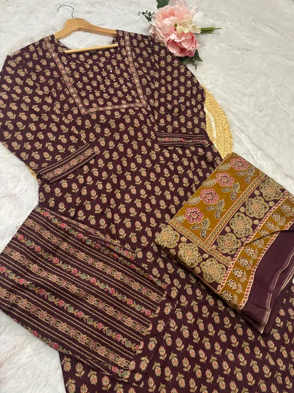 Maroon_Cotton_Block_Print_Kurta_Set_With_Palazzo_And_Dupatta_For_Women