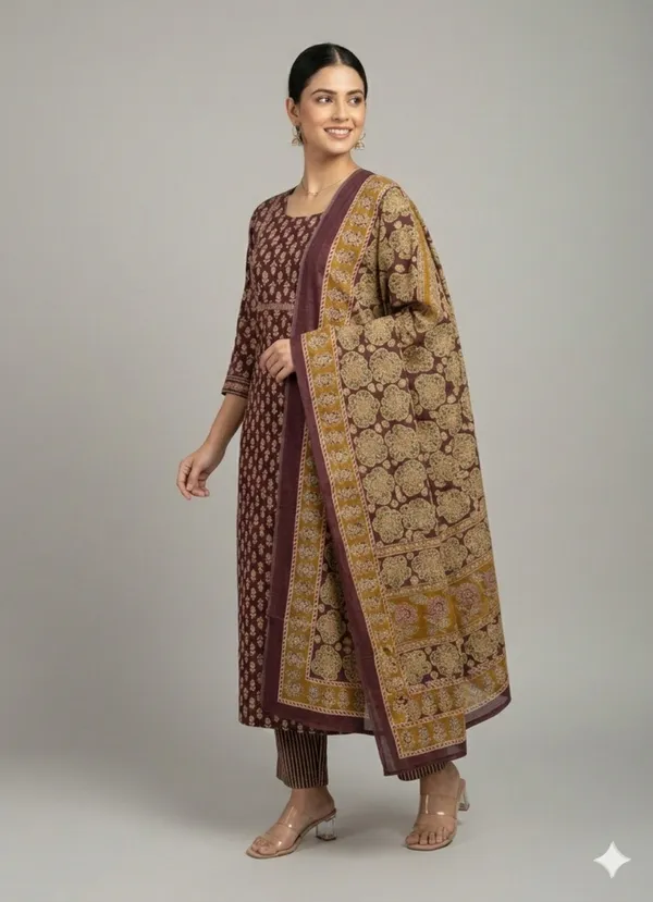 Maroon_Cotton_Block_Print_Kurta_Set_With_Palazzo_And_Dupatta_For_Women