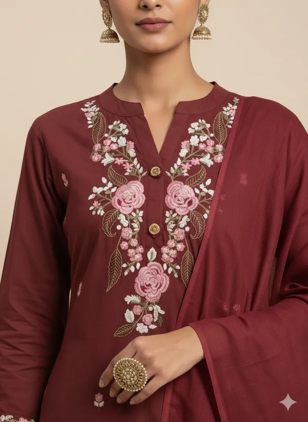Maroon_Cotton_Embroide_Kurta_Set_With_Dupatta_For_Women