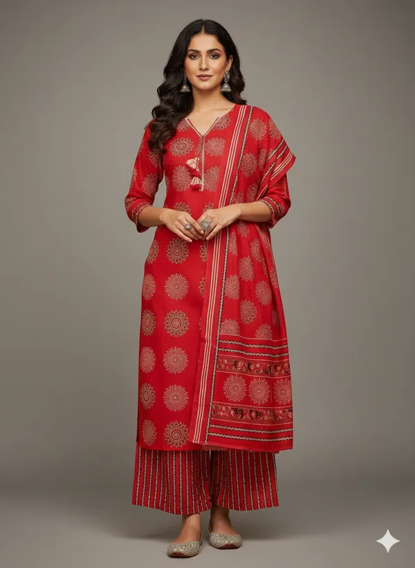 Red_Cotton_Printed_Kurta_Set_With_Palazzo_And_Dupatta_For_Women