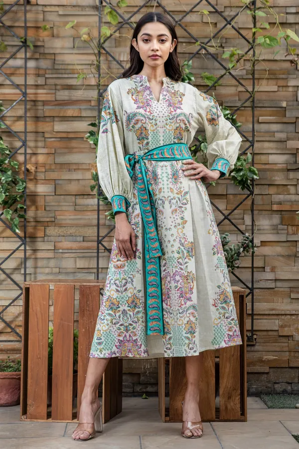 Boteh_Puffed_Sleeve_Dress_With_Belt_For_Women