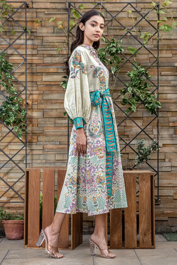 Boteh_Puffed_Sleeve_Dress_With_Belt_For_Women