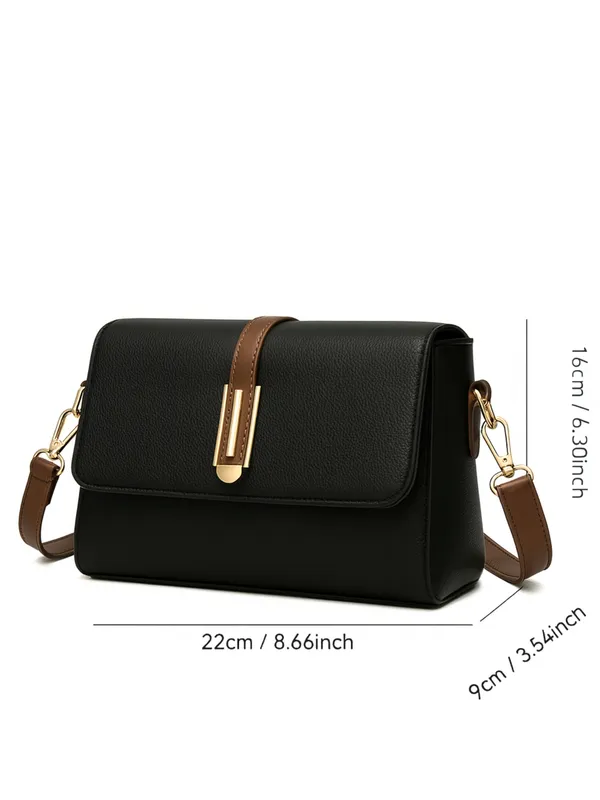 Black_Structured_Flap_Crossbody_Bag_With_Gold_Tone_Buckle_For_Women
