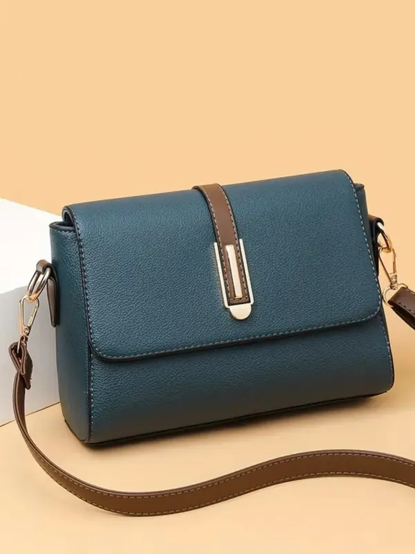 Blue_Structured_Flap_Crossbody_Bag_With_Gold_Tone_Buckle_For_Women
