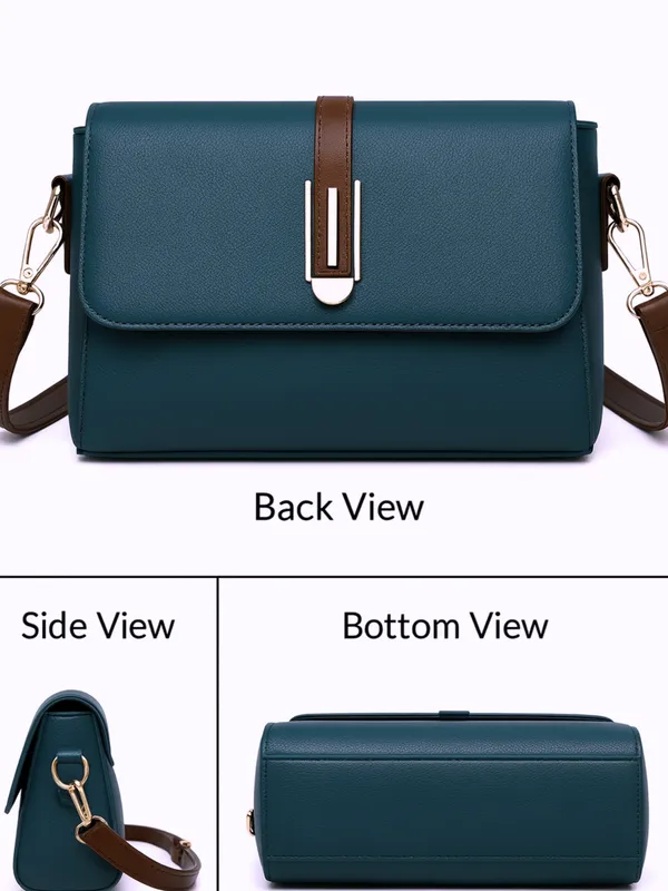 Blue_Structured_Flap_Crossbody_Bag_With_Gold_Tone_Buckle_For_Women