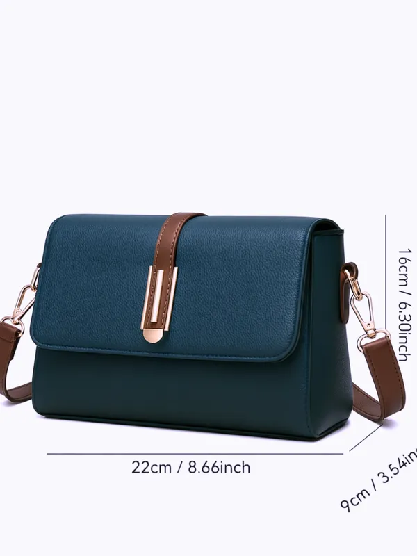 Blue_Structured_Flap_Crossbody_Bag_With_Gold_Tone_Buckle_For_Women