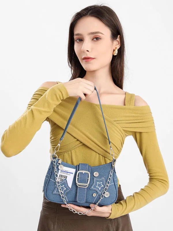 Blue_Denim_Star_Charm_Shoulder_Sling_Bag_Dual_Strap_Silver_Chain_Accent_For_Women
