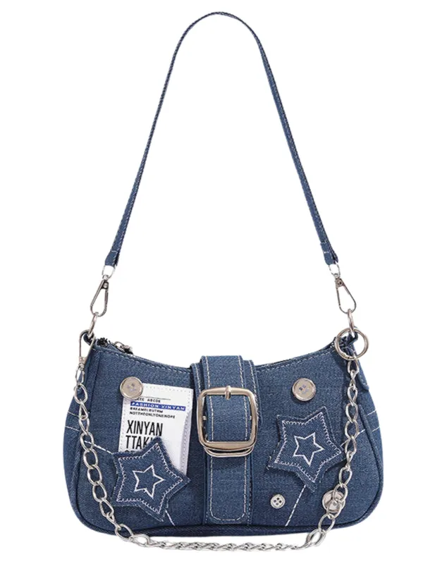 Blue_Denim_Star_Charm_Shoulder_Sling_Bag_Dual_Strap_Silver_Chain_Accent_For_Women