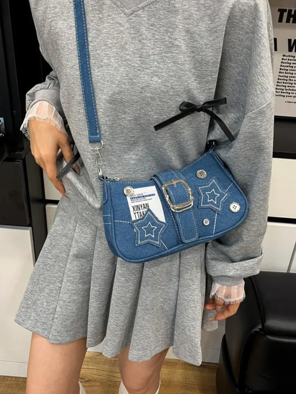 Blue_Denim_Star_Charm_Shoulder_Sling_Bag_Dual_Strap_Silver_Chain_Accent_For_Women