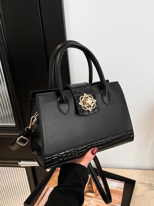 Black_Elegant_Croc_Texture_Handheld_Sling_Bag_For_Women