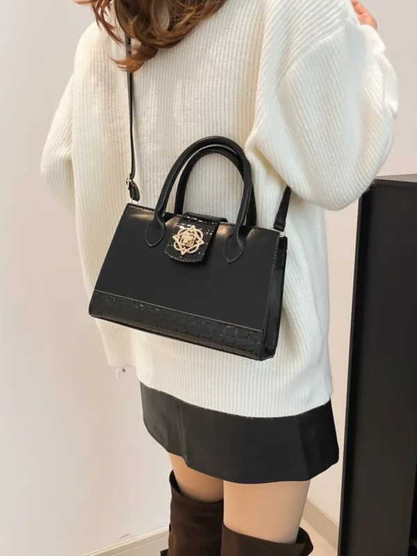 Black_Elegant_Croc_Texture_Handheld_Sling_Bag_For_Women