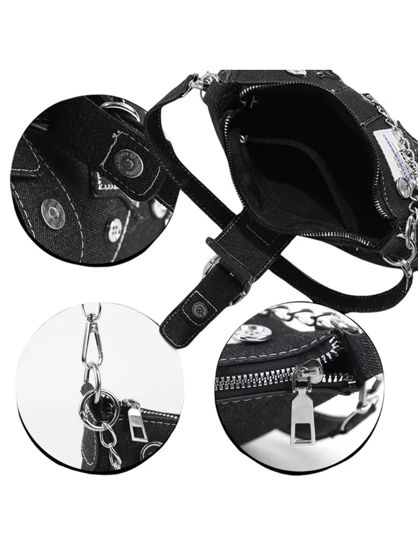 Black_Denim_Star_Charm_Shoulder_Sling_Bag_Dual_Strap_Silver_Chain_Accent_For_Women