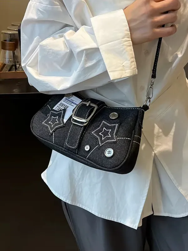 Black_Denim_Star_Charm_Shoulder_Sling_Bag_Dual_Strap_Silver_Chain_Accent_For_Women