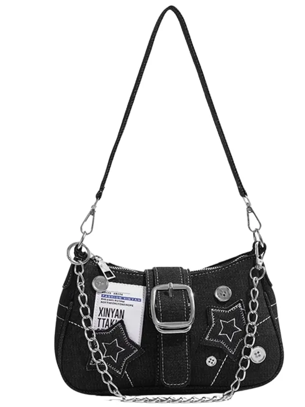 Black_Denim_Star_Charm_Shoulder_Sling_Bag_Dual_Strap_Silver_Chain_Accent_For_Women