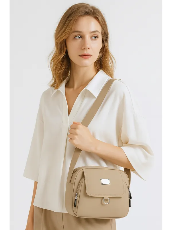 Beige_Multi_Pocket_Nylon_Crossbody_Bag_For_Women