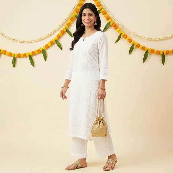 White_Hakoba_Premium_&_Fancy_Design_Kurti_With_Pant_Set_For_Women
