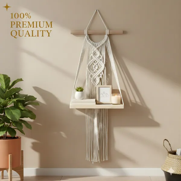 White_And_Beige_Macram�_Wall_Hanging_Shelf_With_Wooden_Tray