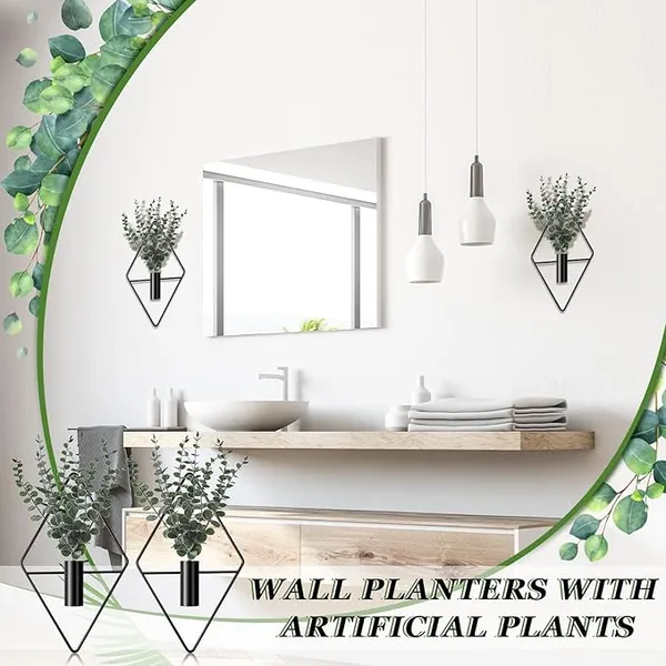 Black_Wall_Mounted_Geometric_Planter_With_Artificial_Eucalyptus