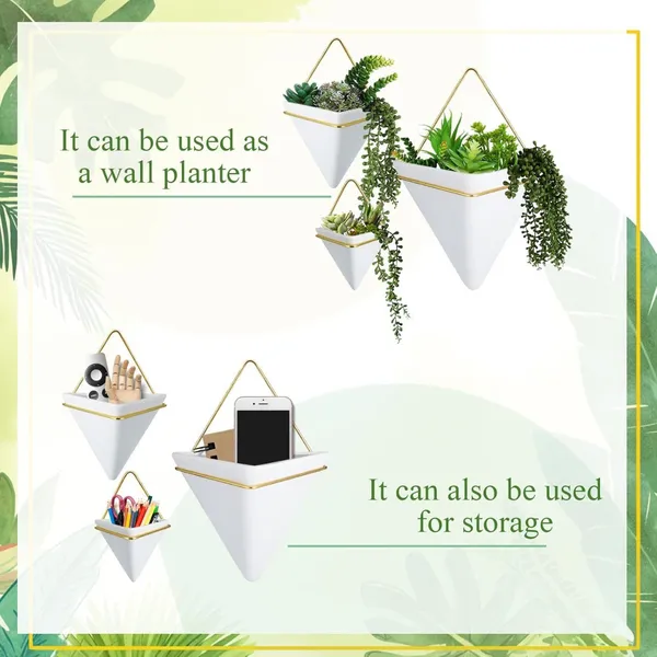 White_With_Golden_Set_Of_3_White_Triangular_Hanging_Planters_With_Gold_Rim