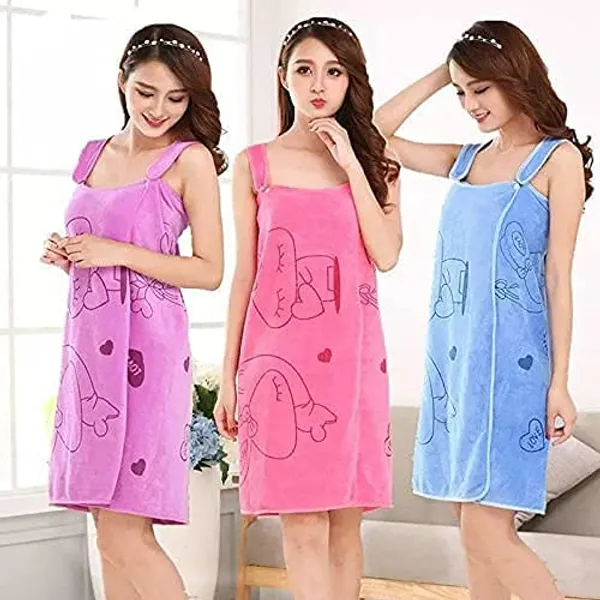 Multicolor_Women'S_Wearable_Bath_Towel_Wrap_Dress_With_Adjustable_Straps_Cartoon_Print