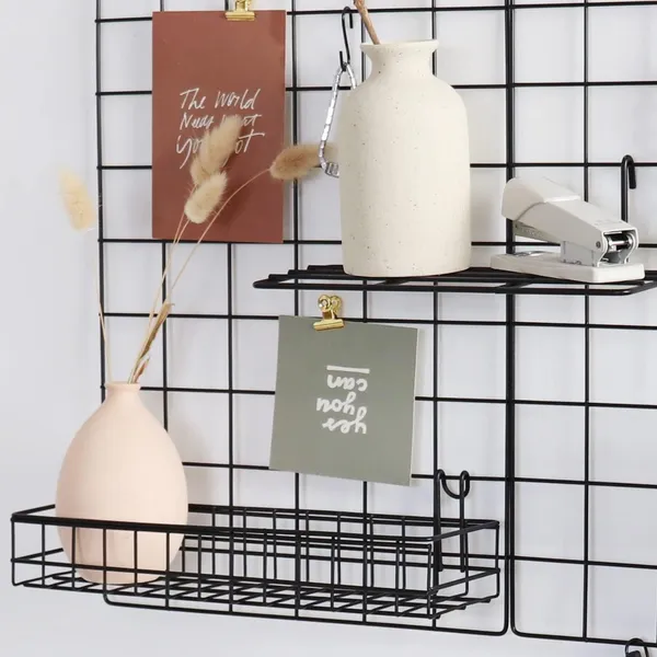Black_Wall-Mounted_Metal_Grid_Panel_With_Shelves_And_Hooks