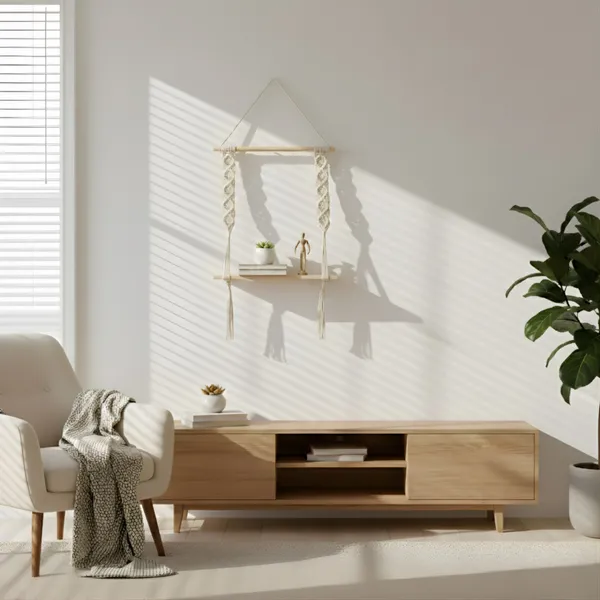 Cream_Macram�_Hanging_Wall_Shelf_With_Wooden_Frame