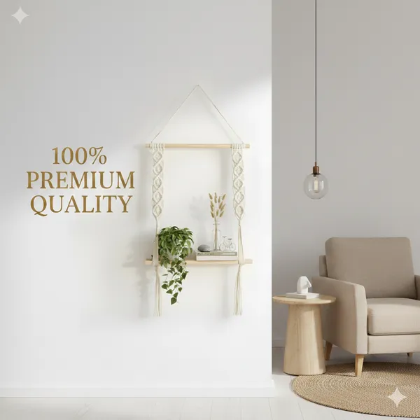 Cream_Macram�_Hanging_Wall_Shelf_With_Wooden_Frame