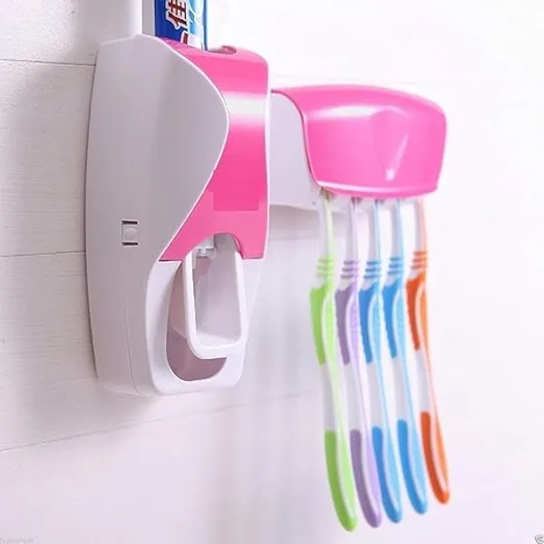 Pink_Wall_Mounted_Automatic_Toothpaste_Dispenser_With_Toothbrush_Holder_Set