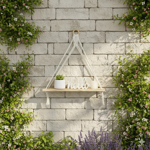 White_Macrame_Triangle_Wall_Hanging_Shelf_With_Wooden_Base