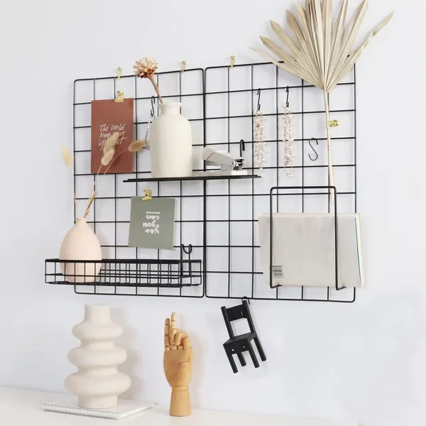 Black_Wall-Mounted_Metal_Grid_Panel_With_Shelves_And_Hooks