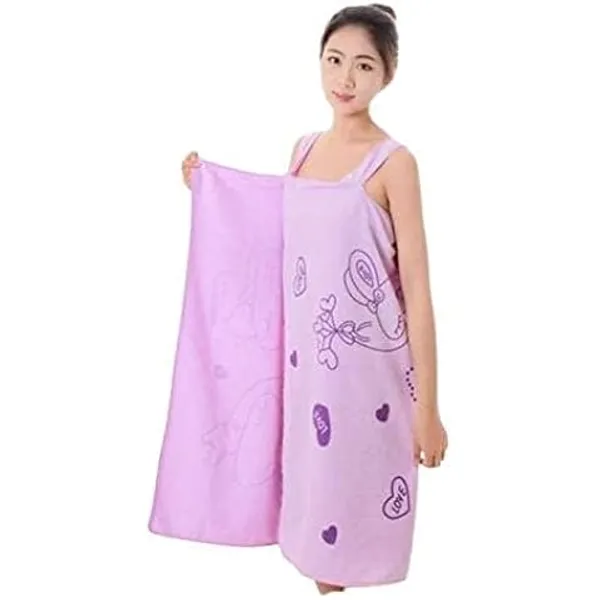 Multicolor_Women'S_Wearable_Bath_Towel_Wrap_Dress_With_Adjustable_Straps_Cartoon_Print