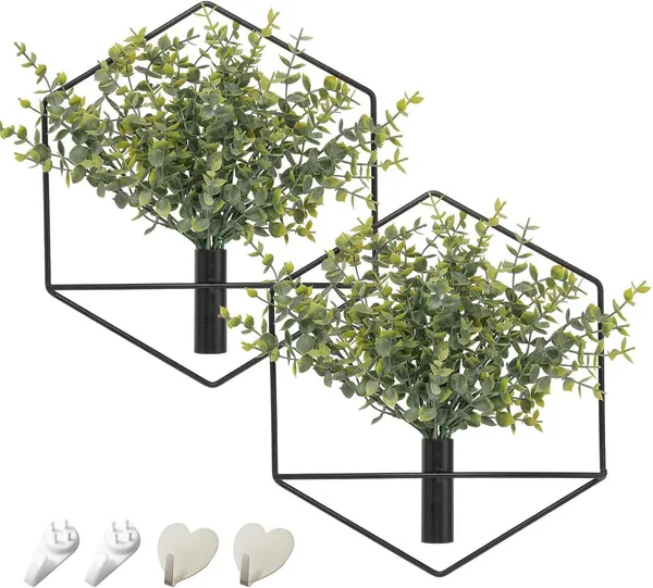 Black_Hexagonal_Wall_Mounted_Planter_With_Artificial_Eucalyptus_Plant