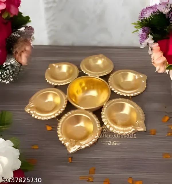 Gold_Brass_Gold_Plated_Decorative_Diya_Set_7_Piece_Floral_Design_For_Pooja_And_Festivals