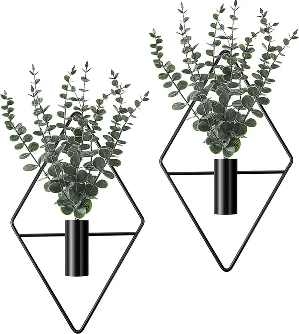 Black_Wall_Mounted_Geometric_Planter_With_Artificial_Eucalyptus