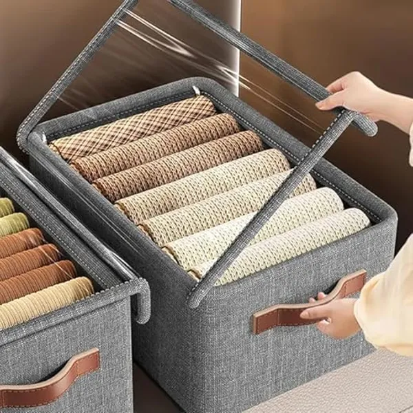 Grey_Foldable_Fabric_Storage_Box_With_Clear_Window_And_Handles