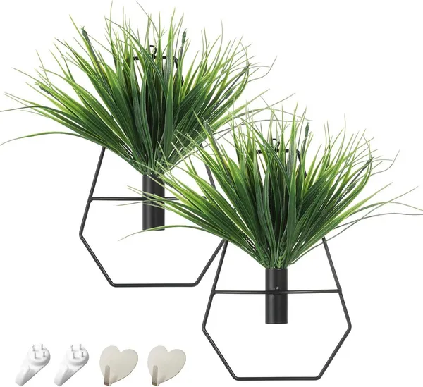 Black_Set_Of_2_Hexagonal_Wall-Mounted_Metal_Vase_Holders_With_Artificial_Plants