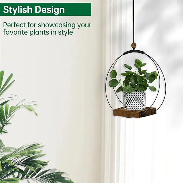 Black_And_White_Modern_Hanging_Planter_With_Circular_Metal_Frame_And_Wooden_Shelf